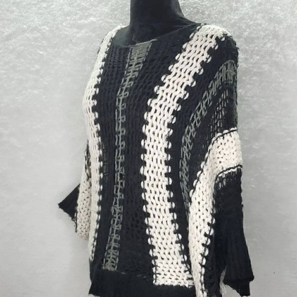 Lumiere Batwing Striped Crochet Knitted Oversized Wool Blend Sweater Size S/M